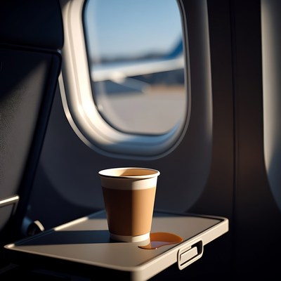 Coffee cup on airplane tray table