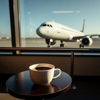 Coffee cup by airport window with airplane