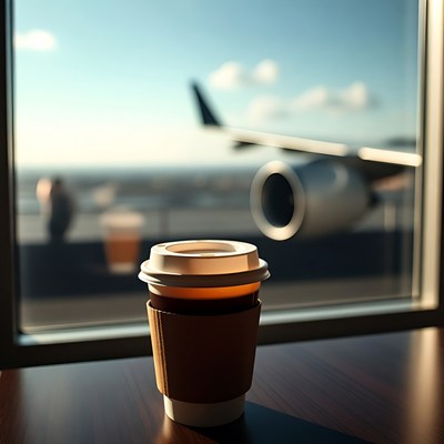 Coffee cup with airplane view