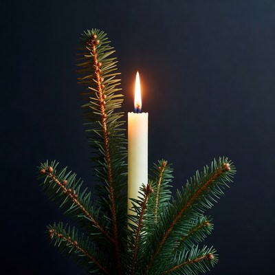 Lit Candle with Christmas Tree Branches