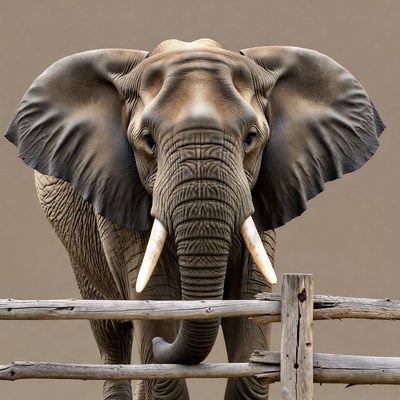 Elephant peering over wooden fence
