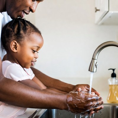 African-American father teaching daughter handwashing