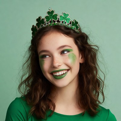 Girl in shamrock crown smiling
