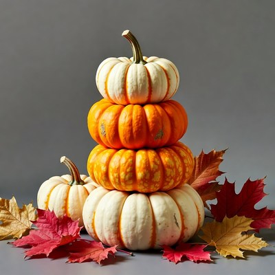 Stack of colorful pumpkins with autumn leaves