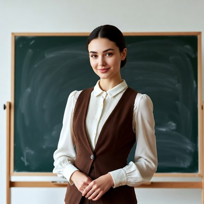 Smiling woman standing by blackboard