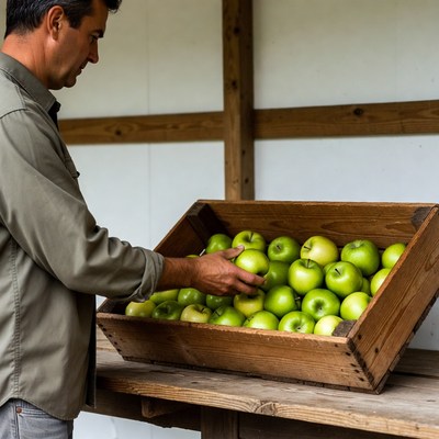 Man picking green apples from crate