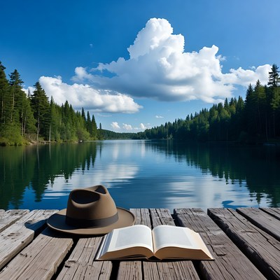 Open book and hat on dock by lake