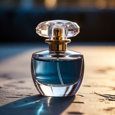 Blue Perfume Bottle on Table