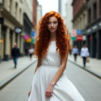 Redhead woman in white dress on city street