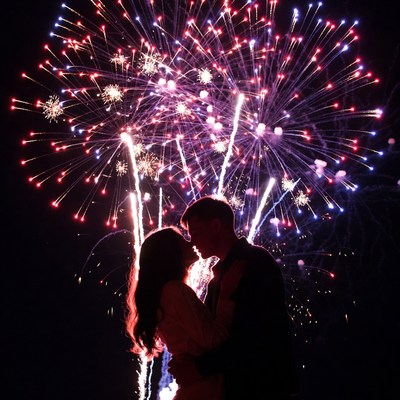 Couple kissing under fireworks