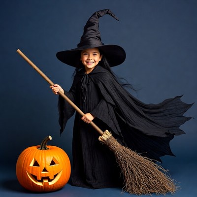 Girl in witch costume with broom and pumpkin