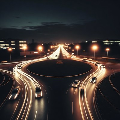 Night Traffic Roundabout Light Trails