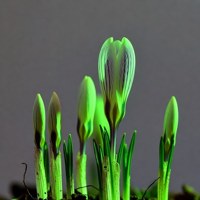 Green crocus buds with striped petals