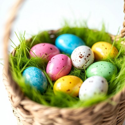 Colorful Easter eggs in woven basket