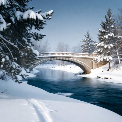 Snowy Stone Bridge Over River