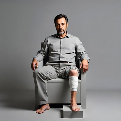 Man with bandaged leg sitting