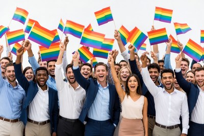 Diverse group waving rainbow pride flags