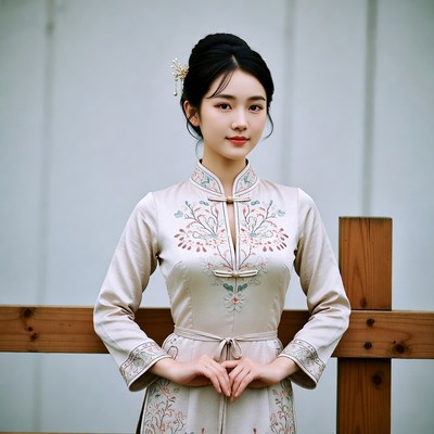 Asian woman in embroidered cheongsam