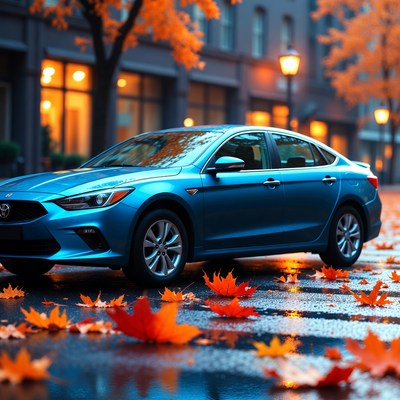 Blue Mazda car on autumn street