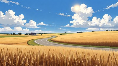 Winding road through golden wheat fields