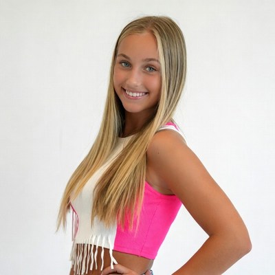 Smiling blonde girl in fringed crop top