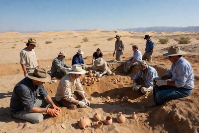 Archaeologists excavating pottery in desert