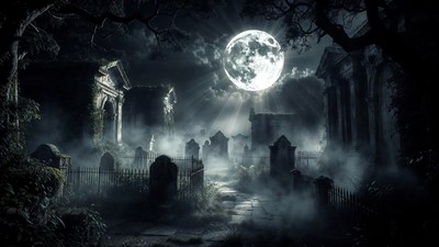 Moonlit Foggy Cemetery at Night