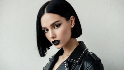 Woman in black leather jacket