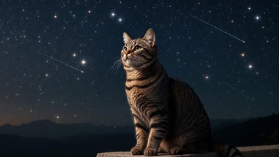 Tabby cat gazing at starry sky