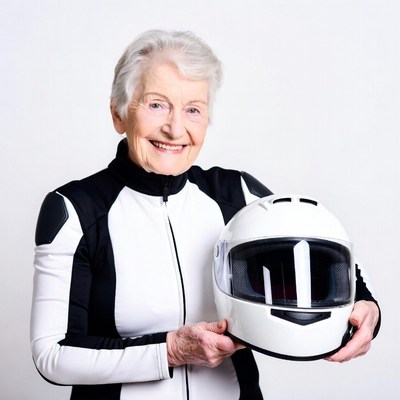 Elderly woman holding motorcycle helmet