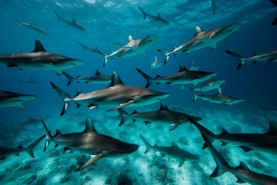 School of Blacktip Sharks Underwater