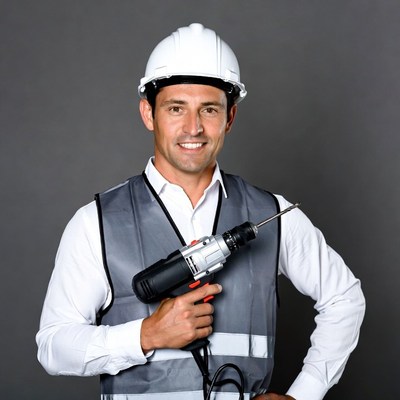 Man holding drill in hard hat