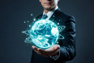 Man holding glowing digital globe