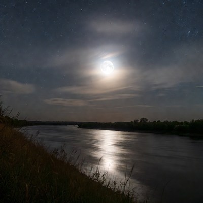 Full Moon Over River at Night