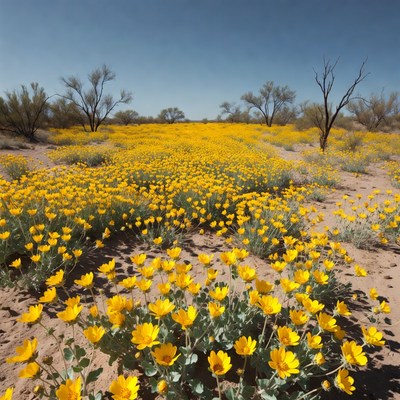 Vast yellow wildflower field in desert