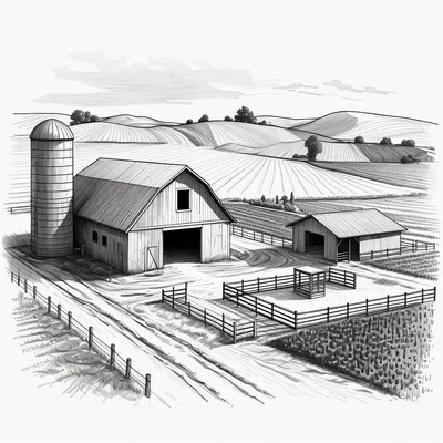 Farm with Barn and Silo Illustration