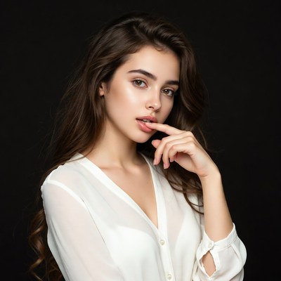 Woman finger on lips black background