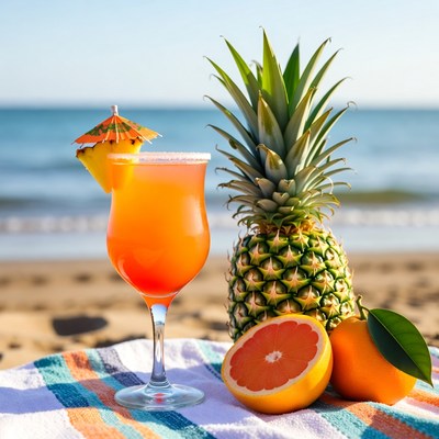 Tropical Pineapple Cocktail on Beach Towel