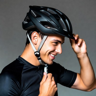 Man adjusting black cycling helmet