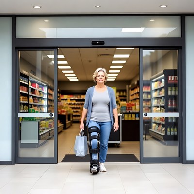 Senior woman with knee brace exiting store