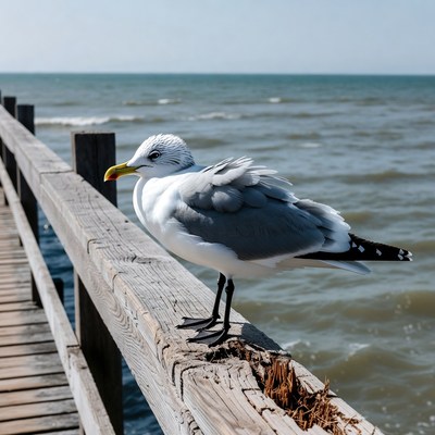 Seagull standing on wooden pier