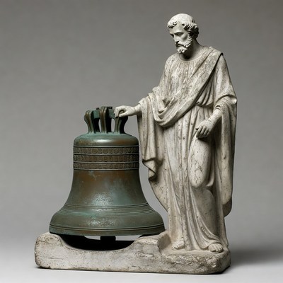 Saint holding bronze bell statue