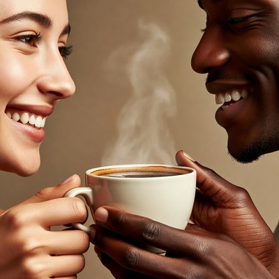 Interracial couple sharing coffee cup