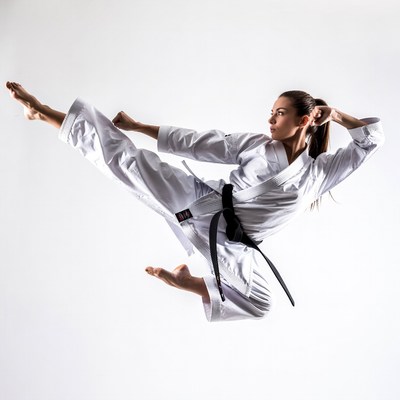 Woman performing karate high kick
