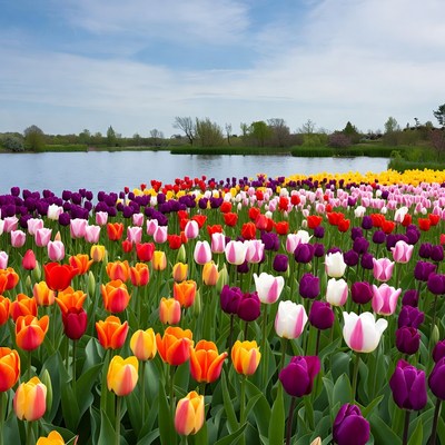 Colorful Tulip Field by Lake