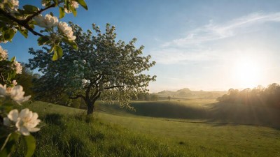 Blossoming Cherry Tree in Sunrise Meadow