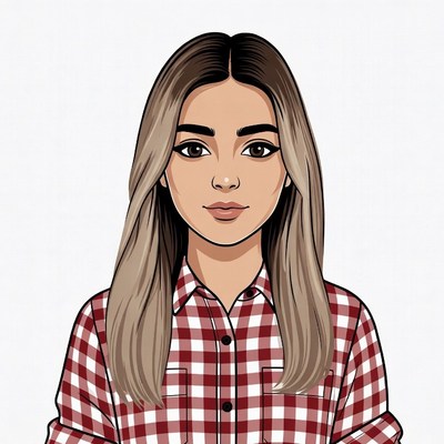 Balayage woman in red plaid shirt