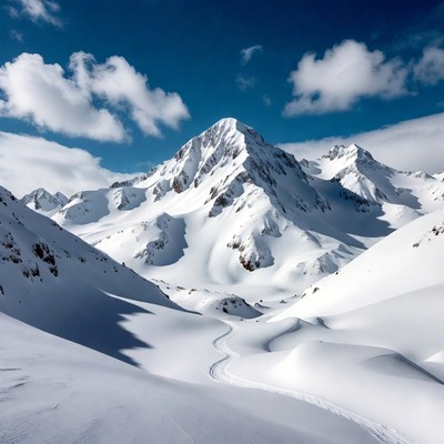 Snowy Mountain Peak with Ski Tracks