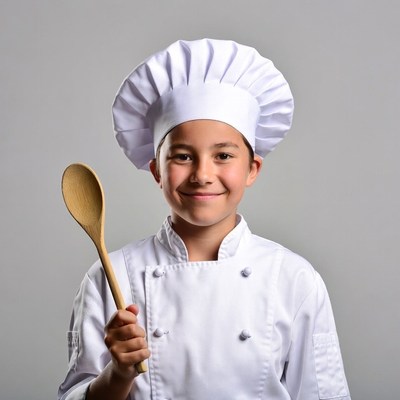 Young chef boy holding wooden spoon