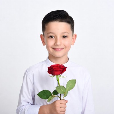 Boy holding red rose